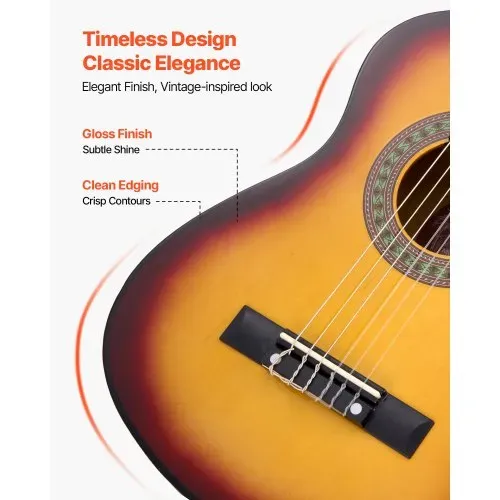 VEVOR Konzertgitarre, 780 mm, Holz-Klassikgitarren-Starter-Set für Anfänger, mit Nylonsaiten, Gigbag, Gurt, Stimmgerät, zusätzlichen Saiten, Plektrum, Kapodaster, Linde, für Einsteiger, Sunburst – Bild 4