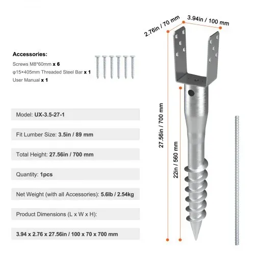VEVOR U-Pfostenträger 1 Packung 100 x 70 x 700 mm DIY-Pfostenpfosten zum Einschrauben inkl. 6 Zugankern und einer Bewehrungsstange U-förmiger Pfostenhalter ideal für Briefkastenpfosten und Zaunpfosten – Bild 10