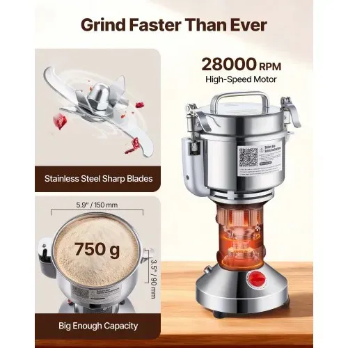 VEVOR elektrische Getreidemühle tragbare Hochgeschwindigkeits-Gewürzmühlen kommerziell 750 g 2000 W, Pulverisierer aus Edelstahl, 28000 U/min für trockene Körner Gewürze Müsli Kaffee Mais Pfeffer – Bild 3