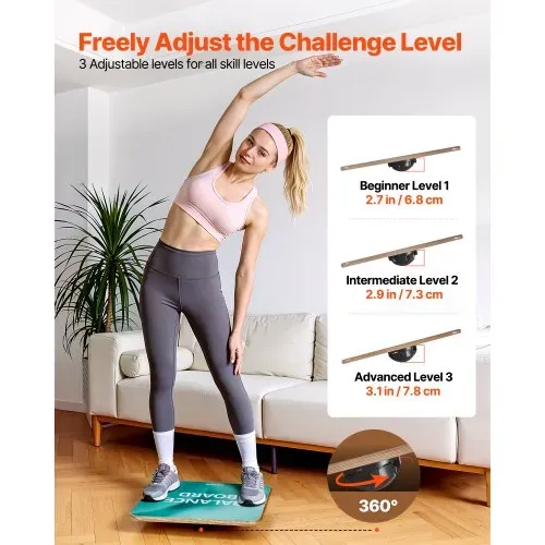 VEVOR Balance Board für Erwachsene 500 x 500 x 18 mm, 360° Drehbares Wackelbrett, 3-fach Verstellbares Balance-Trainingsgerät aus Holz, Rutschfeste Oberfläche für Core-Training, Heimfitnessstudio – Bild 2