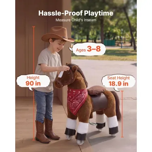 VEVOR Reitpferd auf Rollen 76cm, 50kg Belastbares Stehpferd mit Soundfunktion, Spielpferd mit Erhöhtem Sitz Griffen & Pedalen, Braunes Schaukelpferd zum Draufsitzen & Reiten für Kinder von 3-6 Jahren – Bild 2