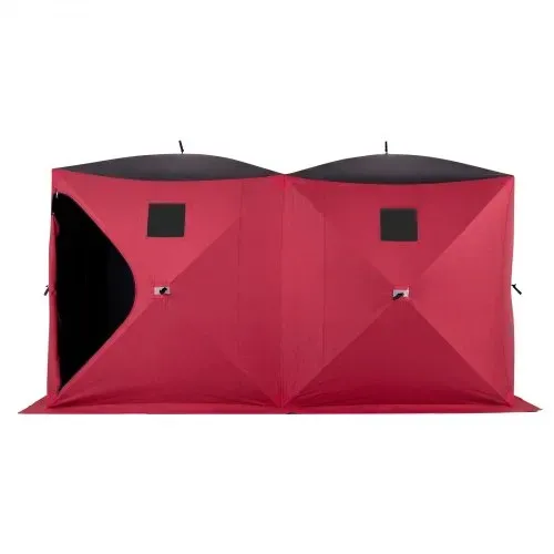 VEVOR Eisangelzelt Eisfischerzelt für 6-8 Personen 3,6x1,8x2m Eisschutzzelt, Angelzelt für Winterfischen, 6,27 m² Fläche, 300D Oxford-Gewebe, Hub-Style-Zelt mit Ankern, Seile, Tragetasche, Rot/Schwarz – Bild 8