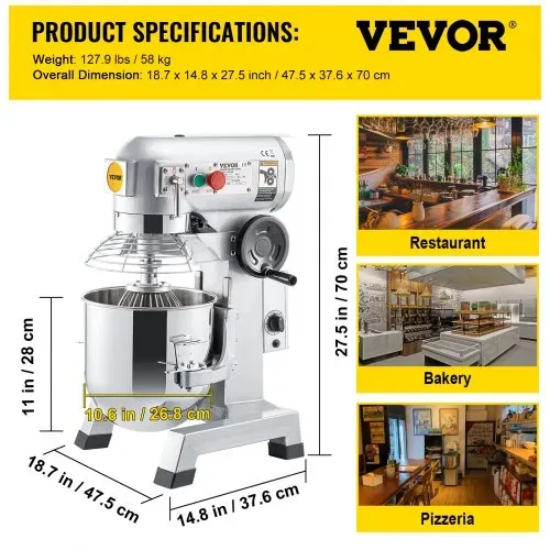 VEVOR Knetmaschine Küchenmaschine, 14 L Schüsselkapazität Knetmaschine, 3 Geschwindigkeit Rührbesen, Knethaken, Drahtseil, Edelstahlschüssel Teigmaschine 500 W, Silber Küchenmaschine Timerfunktion – Bild 6