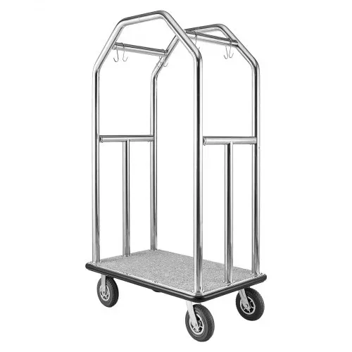 VEVOR Hotelgepäckwagen aus Edelstahl, 680,39kg Belastbarer Kofferwagen mit 8 Zoll Gummirädern, Hotelwagen mit Grauem Teppichboden & Garderobenstange, Gepäckwagen Gewerblich für Hotels Resorts, Silber – Bild 9