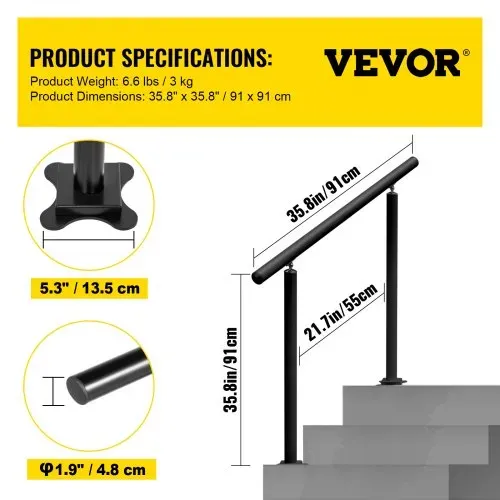 VEVOR Treppengeländer 0,914 m außen Geländer aus Aluminium, Schwarz Hauseingangsgeländer Handlauf mit einem internen Sechskantschlüssels und 8 M6-Erweiterungsschrauben für Privathaushalte, Bürobereiche – Bild 6