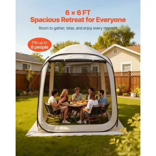 VEVOR Campingzelt, 182,88x182,88x219,4 cm, Partyzelt für 4-6 Personen, Pop Up Zelt mit Tragetasche, Netz-Seitenwänden und Heringen, für Garten, Terrasse und Outdoor-Aktivitäten, Beige – Bild 2