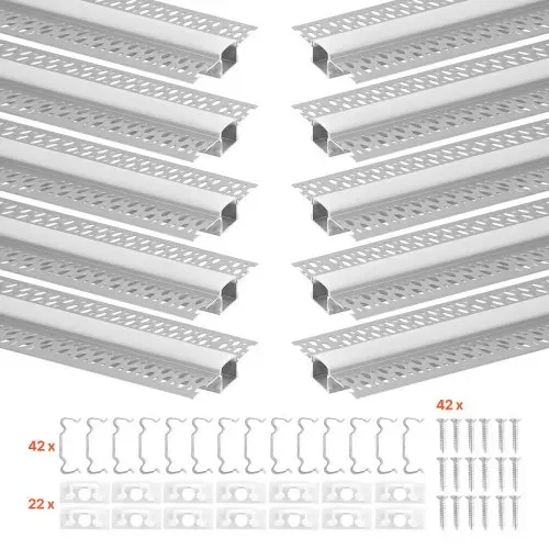VEVOR LED Profil 10er-Pack 2 m, Eloxierte Trockenbauprofil mit Milchiger Abdeckung, Endkappen & Befestigungsclips, Deckenprofil, Diffusor Einbau in Gipskarton, Aluminiumprofile für Wand & Decke – Bild 8