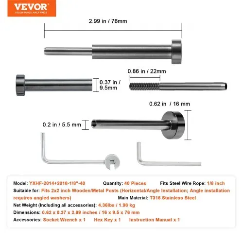 VEVOR 40er-Pack unsichtbares Kabelgeländer-Set, T316 Edelstahl 1/8 Zoll unsichtbarer Empfänger und Pressbolzenende für Kabelgeländer, Pressspanner 1/8 Zoll für Holz-/Metallpfosten, schwarz – Bild 6