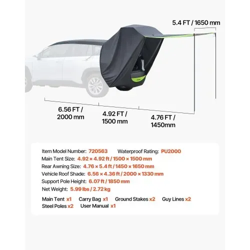 VEVOR Heckklappenzelt Autozelt (1,5 x 1,5 m Hauptzelt), Wasserdichtes (PU2000 mm) Campingzelt mit Sonnensegel & Tragetasche, SUV-Heckzelt für Camping Wandern Outdoor-Aktivitäten Tragbar – Bild 6