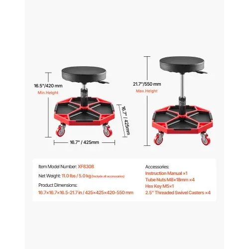 VEVOR Rollbarer Werkstatthocker Werkstattsitz (136 kg Tragkraft) Garagensitz Arbeitshocker, höhenverstellbar (420–550 mm), Rollsitz mit Werkzeugablage für Garage Werkstatt Autoreparatur, Schwarz+Rot – Bild 6