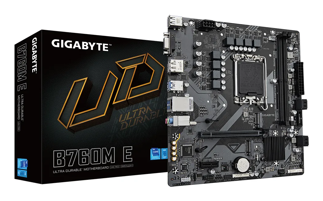 GIGABYTE B760M E Mainboard – Unterstützt Intel Core Prozessoren der 14. Generation, 6+1+1 Phasen VRM, bis zu 7200 MHz DDR5 (OC), 2xPCIe 4.0 M.2, 1 GbE LAN, USB 3.2 Gen 1 GIGABYTE B760M E Mainboard – Unterstützt Intel Core Prozessoren der 14. Generation, 6+1+1 Phasen VRM, bis zu 7200 MHz DDR5 (OC), 2xPCIe 4.0 M.2, 1 GbE LAN, USB 3.2 Gen 1
