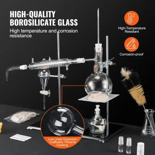 VEVOR Destillationsset für ätherische Öle, 500-ml-Destillationsgerät, 3,3-Boro-Laborglas-Destillationsset mit Alkohollampe, Keramiknetz und 24-, 40-Verbindung, 28-teiliges Set – Bild 2
