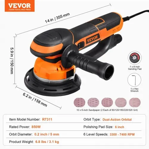 VEVOR Exzenterschleifer, 15,24cm DA & GA Schleifgerät mit Doppelfunktion, 850 W, 7400 U/min, 6 Gang, Schwingschleifer mit 10 Schleifpapieren, Staubanschluss für Detailschleifen in der Holzbearbeitung – Bild 6