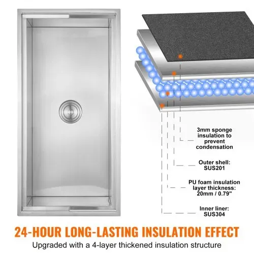 VEVOR 95,66 L Drop-in-Eisbox, 913 x 456 x 358 mm Edelstahl-Eiskühler, Kommerzieller Eisbehälter mit Schiebedeckel, Eingebaute Eisspeichertruhe, Abflussrohr & Ablassstopfen im Lieferumfang Enthalten – Bild 2
