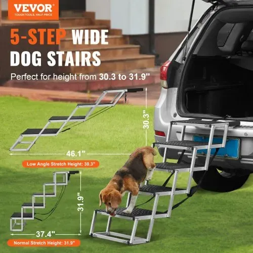VEVOR Hundetreppe für Autos, breite 5-stufige Hundeautotreppe, zusammenklappbare Hundeautorampe mit rutschfester Oberfläche, tragbare Haustiertreppe aus leichtem Aluminium für Auto, SUV und LKW, trägt bis zu 68 kg VEVOR Hundetreppe für Autos, breite 5-stufige Hundeautotreppe, zusammenklappbare Hundeautorampe mit rutschfester Oberfläche, tragbare Haustiertreppe aus leichtem Aluminium für Auto, SUV und LKW, trägt bis zu 68 kg