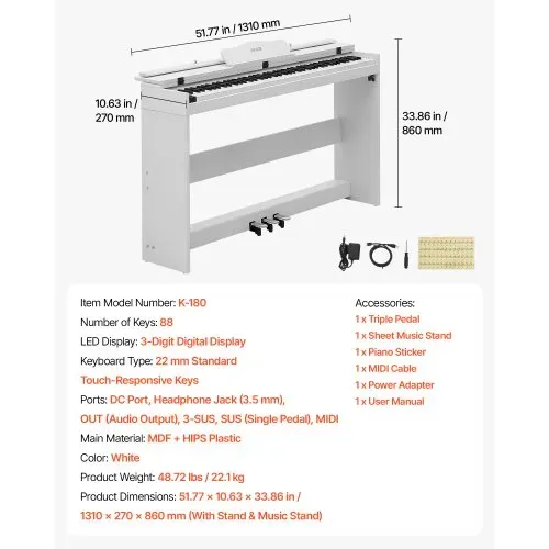 VEVOR Digitalpiano 88 Halbgewichtete Tasten E-Piano HiFi-Lautsprecher Weiß für Anfänger, mit 128 Klängen, 128 Rhythmen, USB, MIDI, Audioausgang, Standard-3,5-mm-Kopfhörerbuchse, Notenhalter und Pedal – Bild 6
