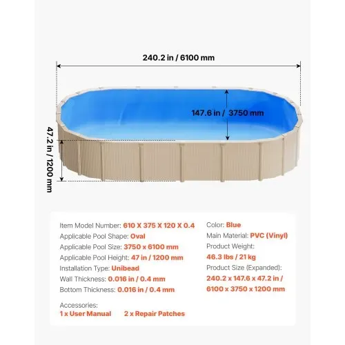 VEVOR Poolinnenfolie 3,75x6,1 m, Poolfolie für 120 cm Wandhöhe, Ersatzfolie aus PVC, Innenhülle 0,4 mm Stärke, Schwimmbadfolie UniBead, Austauschfolie, Geeignet für Oberirdische Pools, Blau – Bild 6
