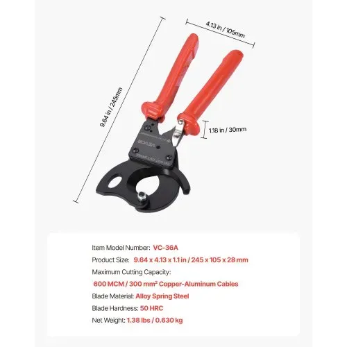 VEVOR Ratschenkabelschneider, Federstahlklingen mit PVC-beschichteten Griffen, Schnellverschlussknopf, Ratschen-Kabelschneider zum Schneiden von Kupfer- und Aluminiumkabeln bis zu 600 MCM / 300 mm² – Bild 6