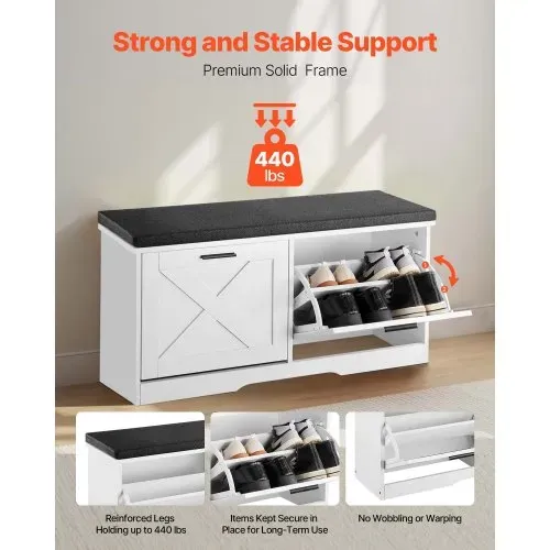 VEVOR Schuhbank mit 2 Klappen 200kg Schuhkipper Schuhkommode 1000x305x475mm, für Flur Wohnzimmer Schlafzimmer, Schuhschrank mit 2 Flip-Schubladen, Gepolstertem Sitzkissen, aus Spanplatte, Schwarz-Weiß – Bild 2