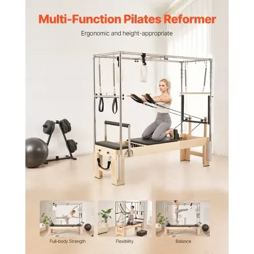VEVOR Pilates Reformer Maschine aus Holz für Fitnessstudio zu Hause, Krafttrainingsgerät mit doppeltem Widerstand & Reformer-Box & Sprungbrett, für Fortgeschrittene und Anfänger, bis zu 181,44 kg – Bild 5