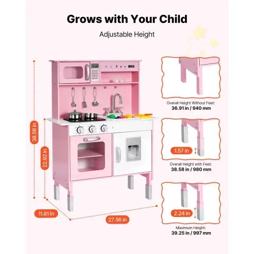 VEVOR Spielküche für Kinder, Kinderküche aus Holz mit Licht & Sound, Holzküche mit Herd Backofen Spüle Mikrowelle Eisspender & Getränkespender, Küchenspielzeug mit Kochset für Kinder ab 3 Jahren, Rosa – Bild 6