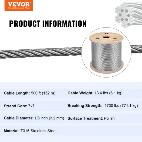 VEVOR 316 Edelstahl Kabel Drahtseil 7x7 150 M, Stahlseil Seil Draht Stahl Abmessung 30 x 30 x 25 cm, Edelstahl-Drahtseil-Kabel Rostfrei Bruchfestigkeit 650 kg für Leichtindustrie Brücken usw. – Bild 6