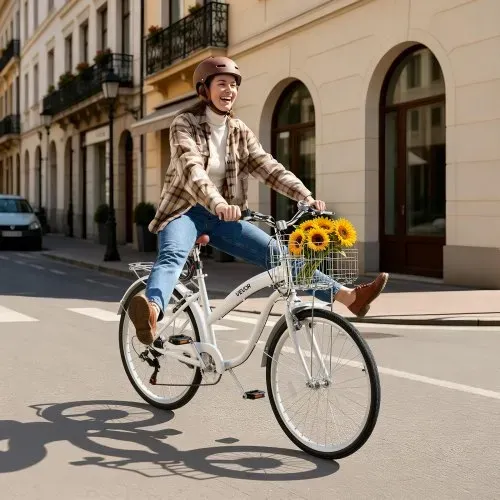 VEVOR Damenfahrrad 26 Zoll Cruiser-Fahrrad 150 kg 7-Gang Citybike Weiß, für Pendelfahrten Besorgungen und Strandfahrten, mit Doppelten V-Bremsen, 50 kg Gepäckträger, Schutzblechen und Werkzeugsatz – Bild 7