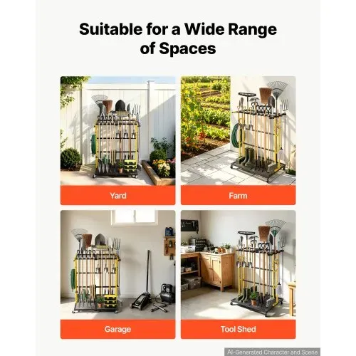 VEVOR Gartengeräte Ständer 920x560x1010mm Gerätehalter mit Rollen Schwarz, Aufbewahrungsregal für Garage Schuppen Garten, Organizer aus Stahl für Besen Mopp Rechen, 2-in-1 mit Schlitze & Klemmsystem – Bild 5