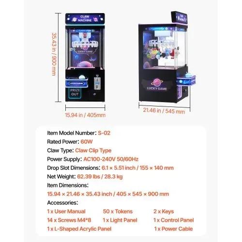 VEVOR Greifautomat, mittelgroßer Arcade-Spielautomat mit Licht und Ton, einstellbarem Schwierigkeitsgrad, präziser Süßigkeitengreifer-Preisspender, für kommerzielles Heimkino, Schwarz-Lila – Bild 6