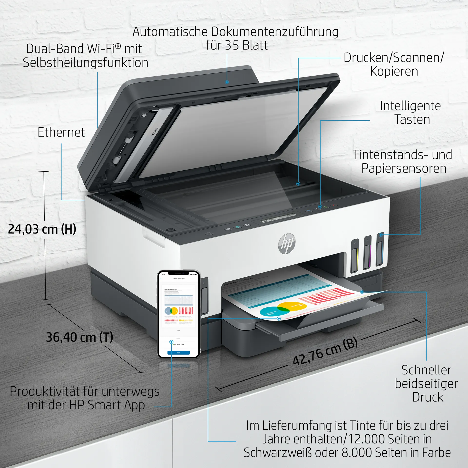 HP Smart Tank 7305 Wireless All-in-One Farbe Drucker, Beidseitiger Druck; Kopierer, Scanner – Bild 6