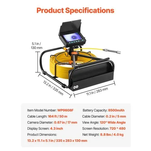 VEVOR Kanalkamera, 50 m, 10,9 cm Rohrinspektionskamera mit Beleuchtung – 6 einstellbare LEDs, 16-GB-Karte, 3-facher Zoom & 8500-mAh-Akku mit hoher Kapazität, IP68 Sanitärkamera für Abwasserrohre – Bild 6