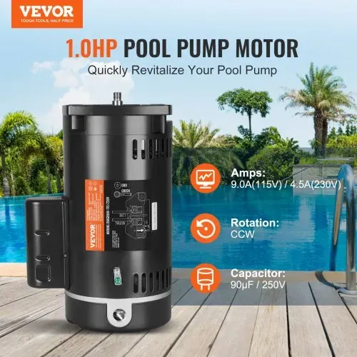 VEVOR 1 PS Poolpumpenmotor, 56Y Rahmen, 115V(9 Ampere)/230V(4.5 Ampere) 3450U/min, 60Hz, 1.25 Betriebsfaktor, 90μF/250V Kondensator, CCW Rotation Vierkantflansch Ersatzmotor VEVOR 1 PS Poolpumpenmotor, 56Y Rahmen, 115V(9 Ampere)/230V(4.5 Ampere) 3450U/min, 60Hz, 1.25 Betriebsfaktor, 90μF/250V Kondensator, CCW Rotation Vierkantflansch Ersatzmotor