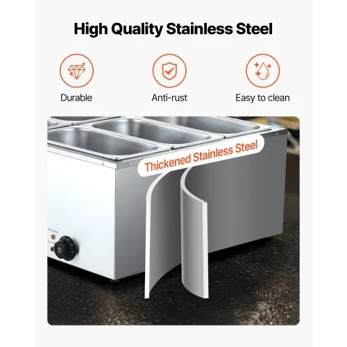 VEVOR kommerzieller Speisenwärmer (6 x 1/3 Größe Behälter), 1,5 kW elektrischer Wärmebehälter aus Edelstahl mit Abdeckung & Suppenkelle, Chafing Dishes Set für Catering Restaurant Party – Bild 3
