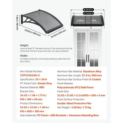 VEVOR Vordach für Haustür, 61x60 cm, Pultbogenvordach, Überdachung mit Entwässerung & ABS-Halterung, Regen-, Schnee- & Sonnenschutz, Polycarbonat-Türdach für Veranda & Terrasse, Rauchgrau – Bild 6