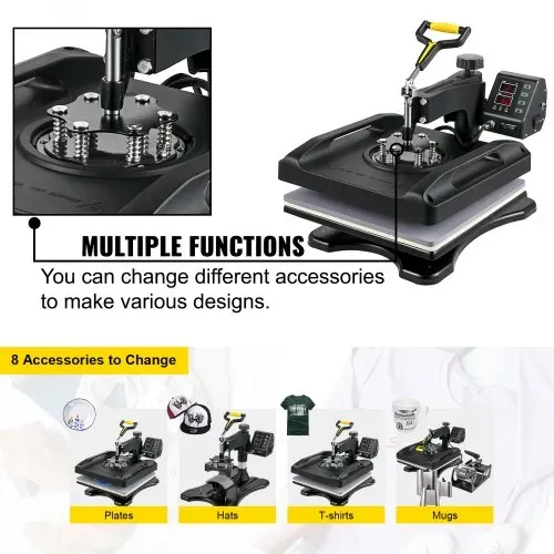 VEVOR 1200 W Hitzepresse 8 in 1 T-Shirtpresse 38 x 38 cm Schwarz Transferpresse Heißpresse T-Shirt zum Aufbringen von Buchstaben Zahlen und Mustern – Bild 5