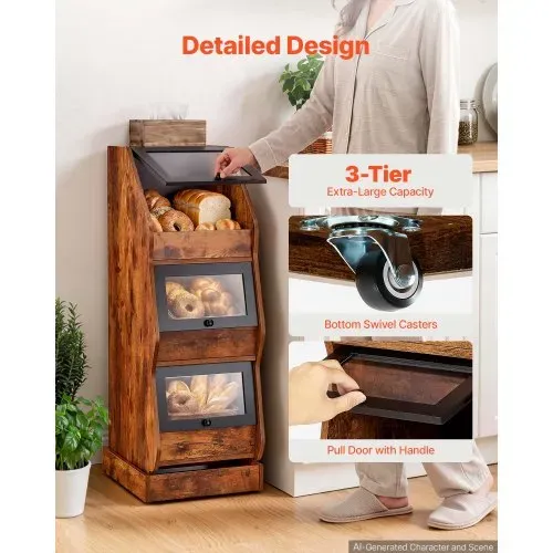 VEVOR Brotkasten Freistehend Brotschrank mit vier Rollen aus MDF Braun Ideal für Bagels, Muffins & Selbstgebackenes Brot, Einschiebbare Klapptüren mit Griffen, Transparentem Acrylfenster, 3 Ebenen – Bild 3