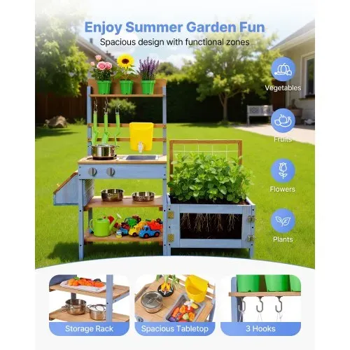 VEVOR Spielküche, Kinderküche, Spielzeugküche aus Holz mit Pflanzkasten, Wassertank, Spülbecken, Kochgeschirr & Zubehör, Holzküche für Rasen & Garten, für Kinder ab 3 Jahren, 1060x370x995mm – Bild 4