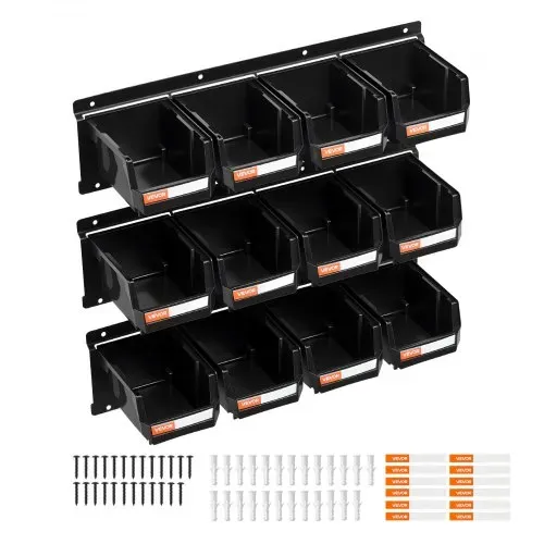 VEVOR Stapelboxen Wandmontage, 137x105x75mm (12er-Pack) & 3 Metallschienen, Sichtlagerboxen für Schrauben, Muttern, Bolzen, Nägel, Werkzeug-Organizer für Werkstatt, Bastelraum, Garage, Schwarz – Bild 8