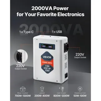 VEVOR Spannungswandler aufwärts, 2000 VA, Hochleistungs-Aufwärtswandler, 110 V auf 220 V Leistungstransformator, mit 2 EU-Steckdosen, USB-Ausgang, LCD-Display, Temperaturschutz, für 220-V-Geräte VEVOR Spannungswandler aufwärts, 2000 VA, Hochleistungs-Aufwärtswandler, 110 V auf 220 V Leistungstransformator, mit 2 EU-Steckdosen, USB-Ausgang, LCD-Display, Temperaturschutz, für 220-V-Geräte