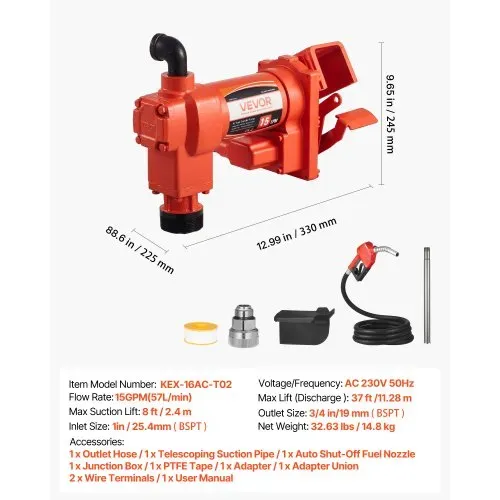 VEVOR Kraftstofftransferpumpe, 230V AC, elektrische Diesel-Transferpumpe, 57L /min, mit automatischer Abschaltung der Kraftstoffdüse, Förderschlauch, für Benzin, Kerosin, Biodiesel, Ethanol-Gemisch – Bild 6