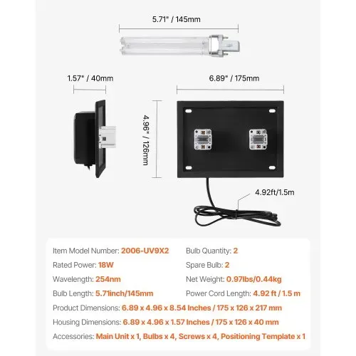 VEVOR HVAC-Luftreiniger für das ganze Haus, 18 W, 175 mm, UV-UVC-Licht im Kanal für Klimaanlagenkanäle, Luftwäscher mit 2 Ersatzbirnen, HVAC-UV-Lampen, Air Purifier für Klimaanlagen – Bild 6