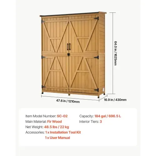 VEVOR Gartenschrank Holz, Geräteschrank mit Abschließbaren Türen & Schrägdach, Gerätehaus inkl. Regalböden & Boden, Geräteschuppen, Werkzeugschrank für Terrasse, Garten, Rasen, 121x43x162,5 cm – Bild 6