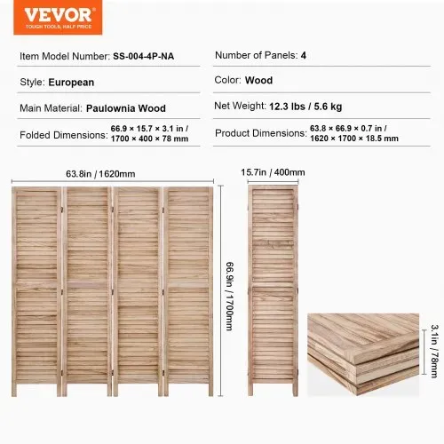 VEVOR Raumteiler Paravent aus Holz 4-teiliger faltbarer Sichtschutz, 170 cm hoher Raumteiler, tragbarer Dekorationsschirm zur Raumtrennung mit europäischer Still für Zuhause Restaurant Schlafzimmer – Bild 6