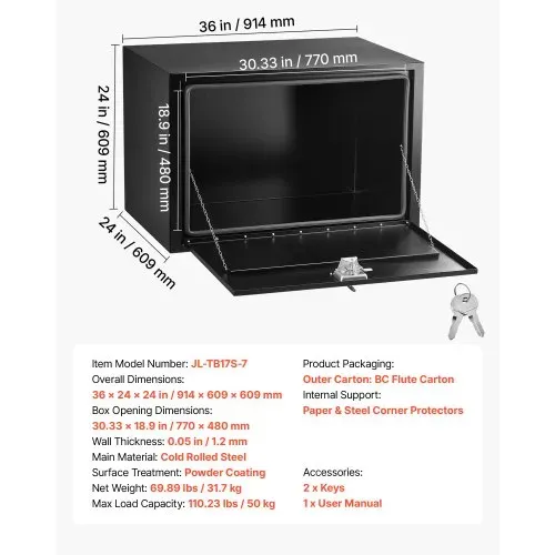 VEVOR Lkw Unterbaubox 914 x 609 x 609 mm Unterflur Staukasten Kaltgewalzter Stahl Wasserdichter Werkzeugkasten mit T-Griff Schloss für Lkw Anhänger Transporter Werkzeugkiste Unterflurkasten Schwarz – Bild 6