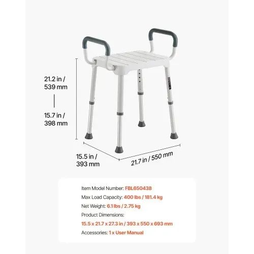 VEVOR Duschhocker 181,4 kg Belastbar, 6-stufig Höhenverstellbarer Badewannenhocker, Rutschfeste TPR-Gummifüße, Rahmen aus Aluminiumlegierung für Senioren, Menschen mit Behinderung und Verletzte – Bild 6