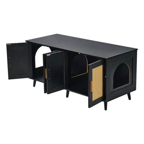 VEVOR Katzentoilettengehäuse für 2 Katzen, Katzentoilettenmöbel versteckt mit Rattan-verzierten Türen, Katzentoilettenschrank aus Holz passt in die meisten Katzentoiletten, 119,4 cm L x 40,1 cm B x 55,6 cm H, schwarz – Bild 10