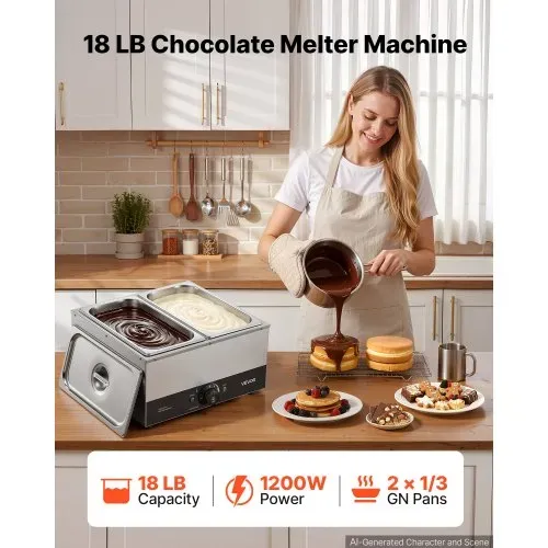 VEVOR Schokoladenschmelzmaschine 2 Abnehmbare Behälter Edelstahl 1,2 kW, für Bäckereien, Konditoreien und Restaurants, mit Temperaturregelung 30–85 ℃, Trockenlaufschutz, Schokoladentempiermaschine VEVOR Schokoladenschmelzmaschine 2 Abnehmbare Behälter Edelstahl 1,2 kW, für Bäckereien, Konditoreien und Restaurants, mit Temperaturregelung 30–85 ℃, Trockenlaufschutz, Schokoladentempiermaschine