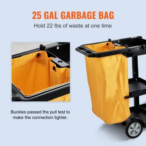 VEVOR Reinigungswagen Putzwagen mit 3 Fächern, Hygienewagen Reinigungswagen 90,7 kg Tragfähigkeit, Schwarz PP Wischwagen Systemwagen inkl. PVC-Müllsack & Handschuhe, geeignet für Büros, Malls, Hotels – Bild 3