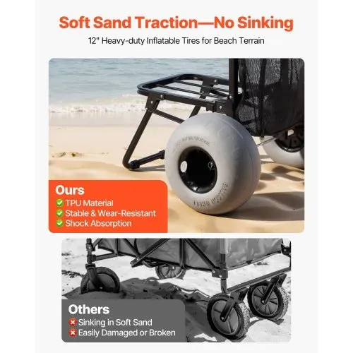 VEVOR Strandwagen mit Ballonreifen (12 Zoll), Faltbarer Strandtrolley mit 4-stufig Einstellbarem Schaumstoffgriff und Pumpe, Handwagen (75 kg Belastbar), Strandkarre Ideal für Camping und Angeln – Bild 2