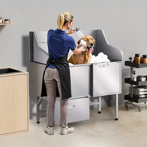 VEVOR 304 Edelstahl-Hundewaschstation, 127 cm große Pflegebadewanne mit rutschfester, flacher Rampe, Schublade, Warm- und Kaltwasserhahn, All-in-One-Badewanne für Pflegesalons, für alle Größen geeignet (rechte Tür) – Bild 7